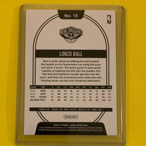 Lonzo Ball #15 2020-21 Panini Hoops Basketball Trading Card - Picture 2 of 2